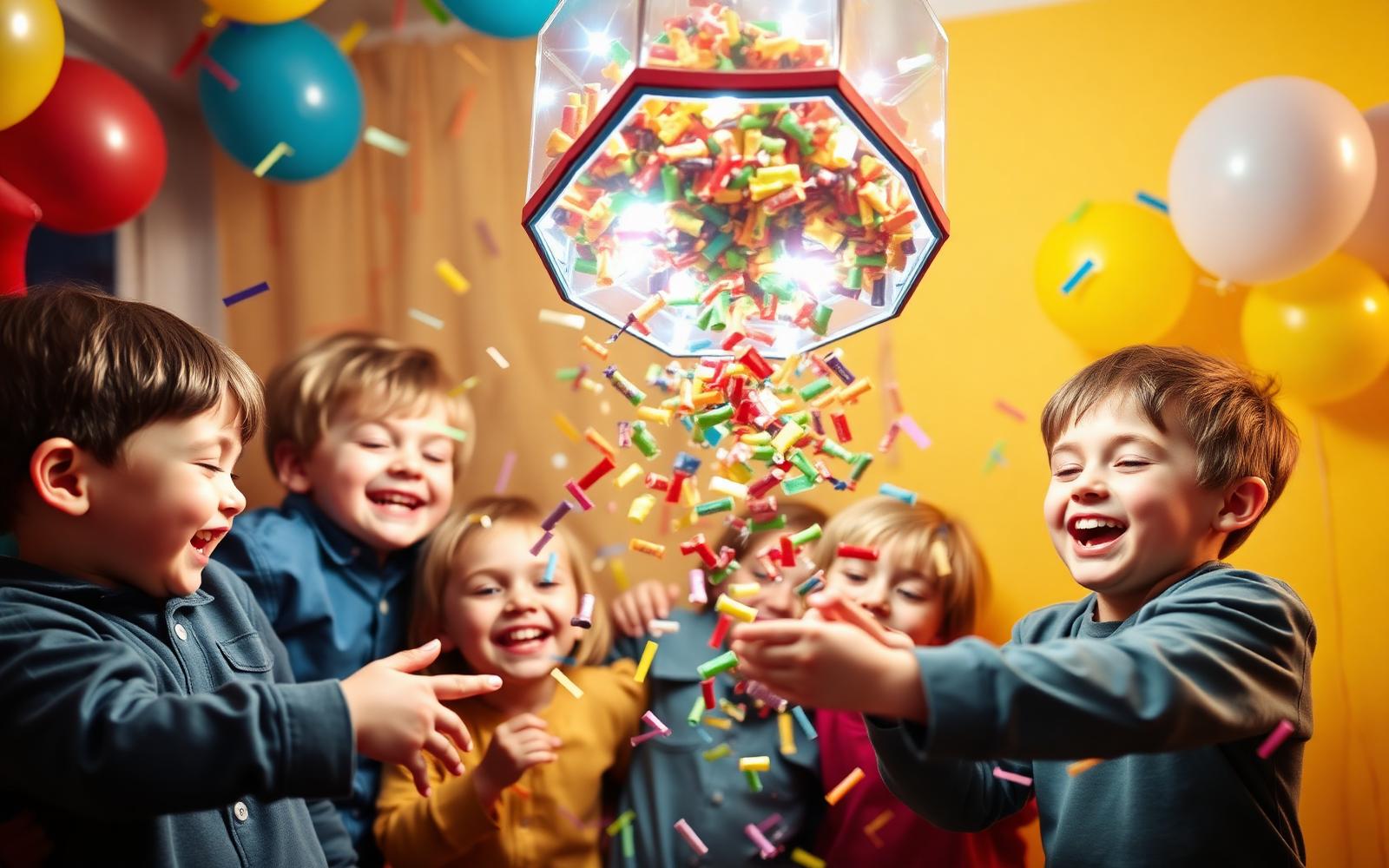Kids cheering as candy rains down from a spinning Spinata